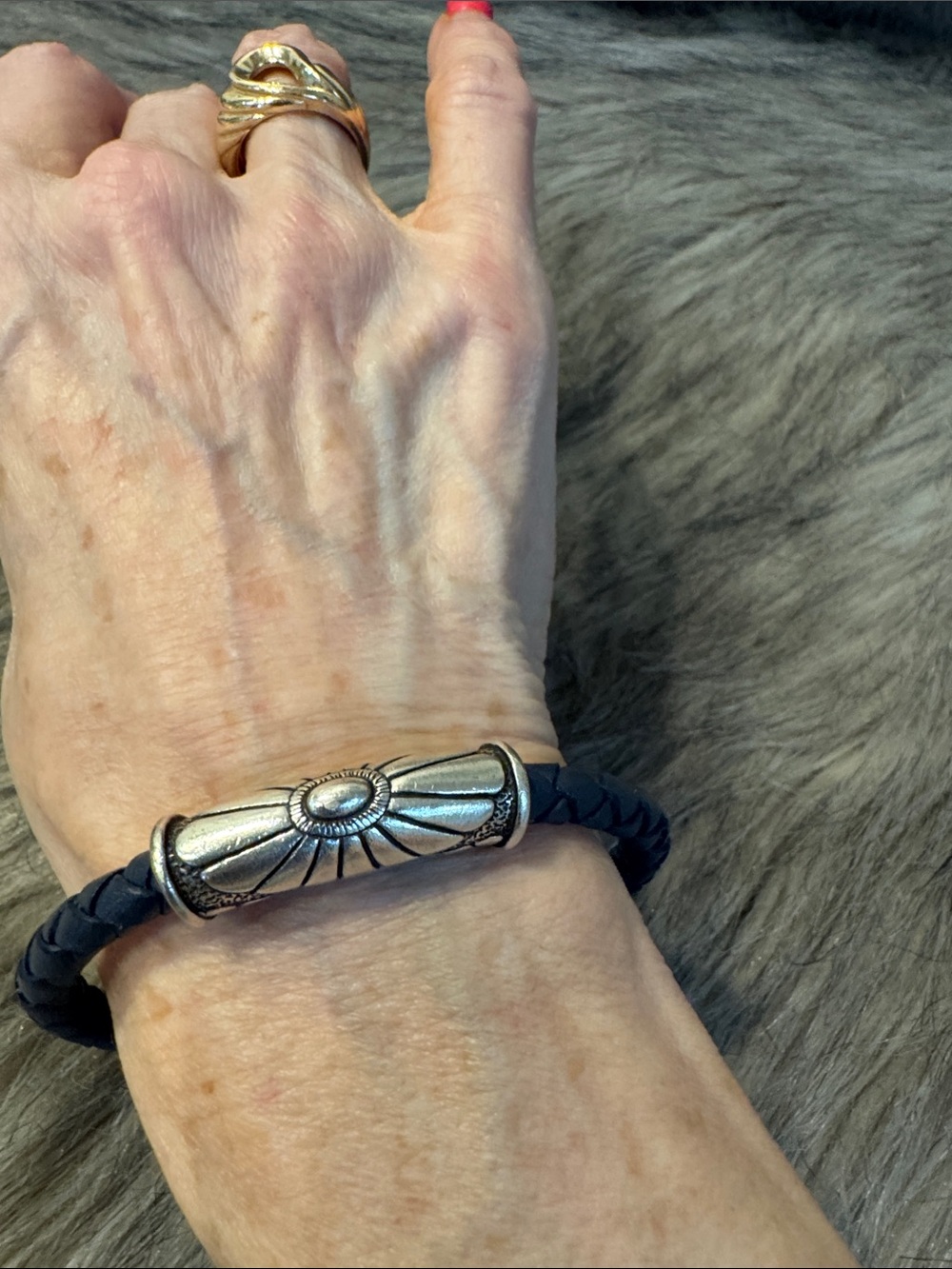 PRICE FIRM Braided Black Leather Bracelet with Silver-
Sunburst Accent